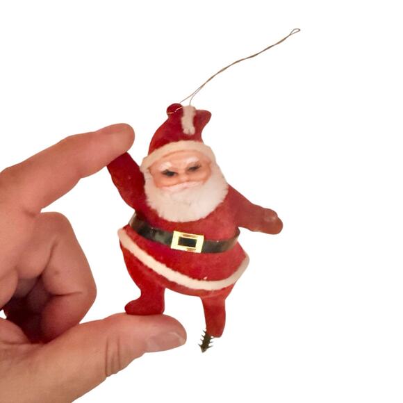 Vintage Flocked Santa Claus Dancing Ornaments Set of Five Hong Kong 4” Kitsch - Picture 4 of 4